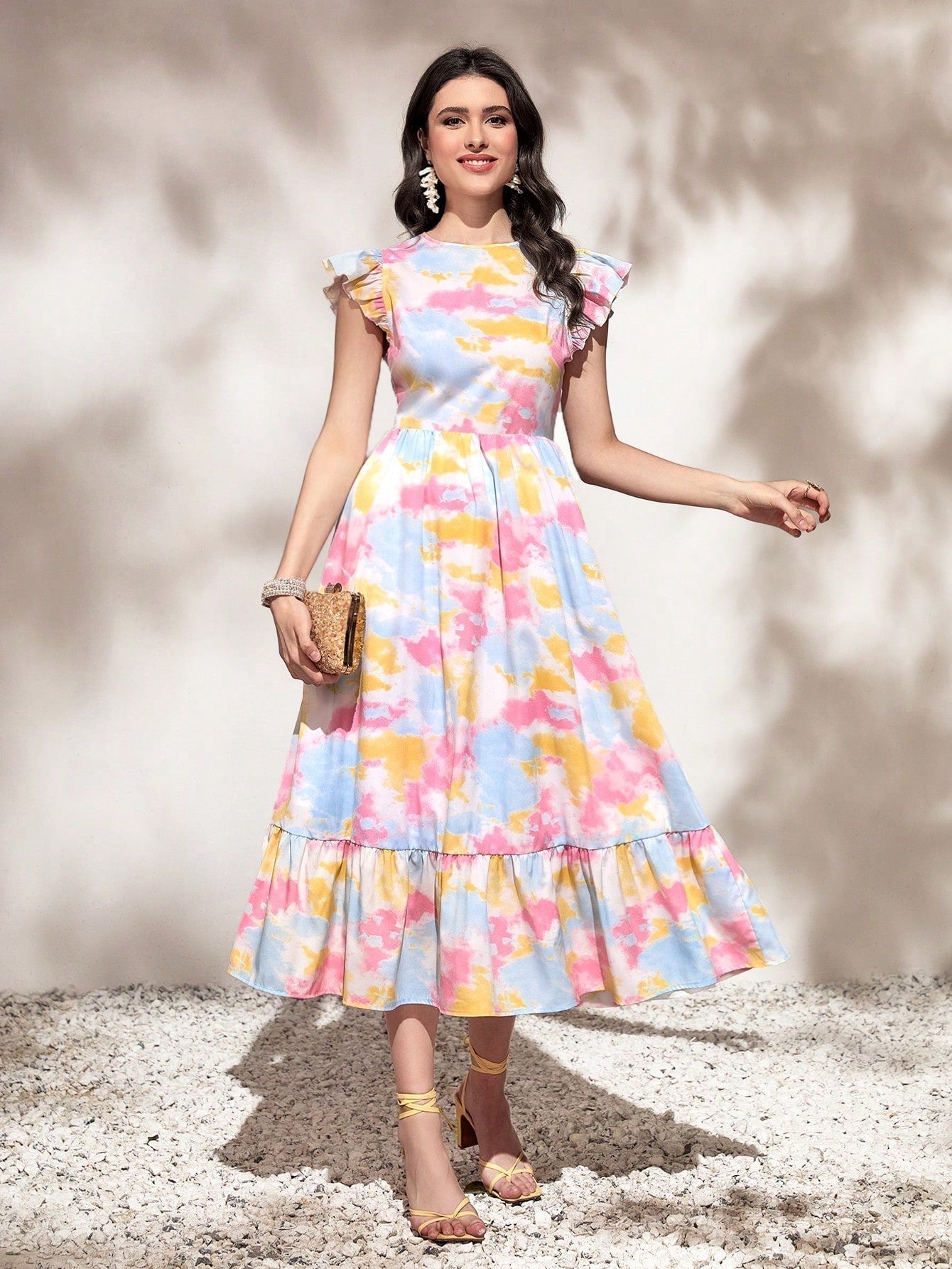 WesternStitch Round Neck Tie Ruffle Hem A Line Dress Short Sleeve Long Dress WesternStitch WesternStitch Round Neck Tie Ruffle Hem A Line Dress Short Sleeve Long Dress WesternStitch