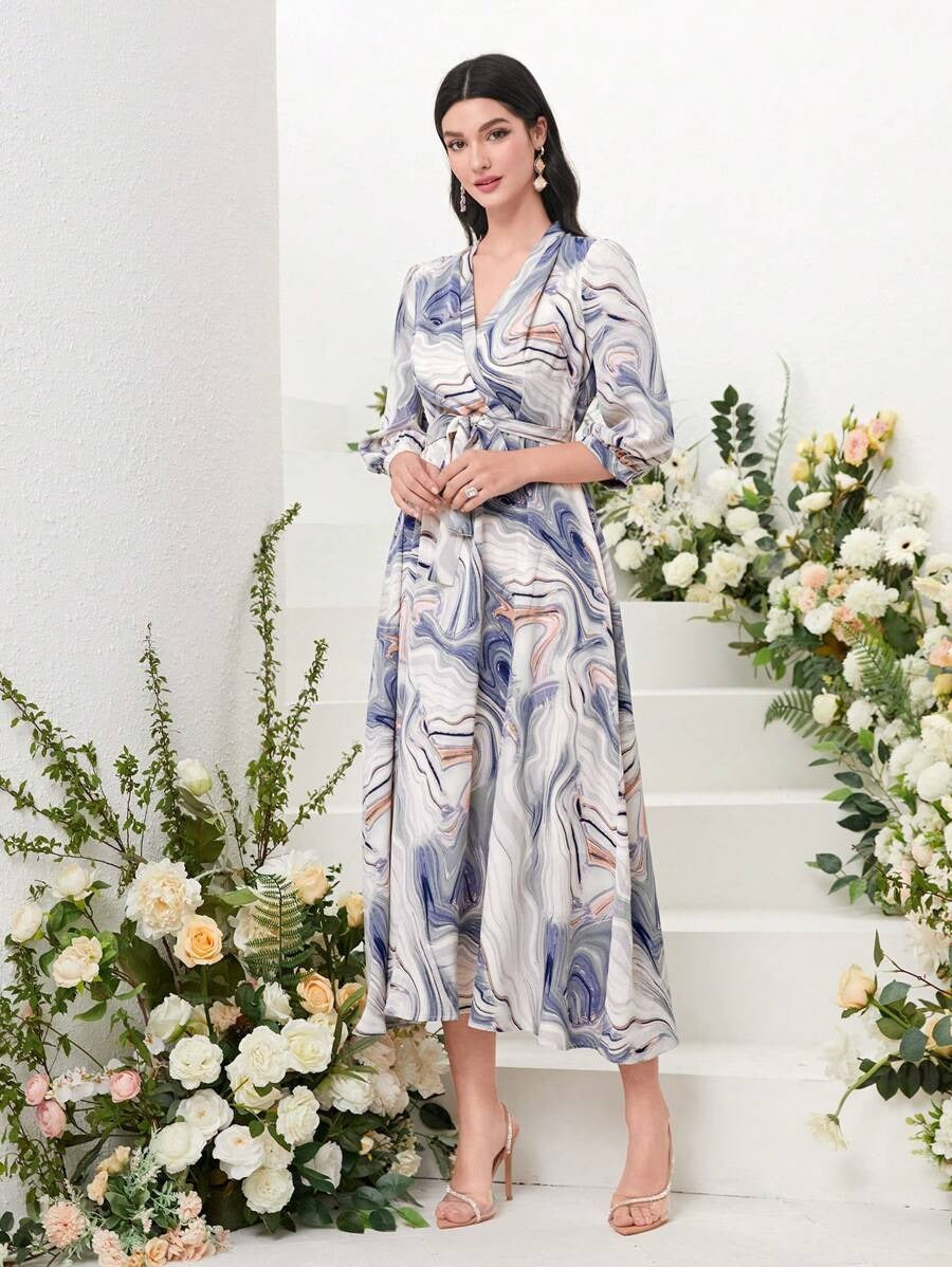 WesternStitch Marble Print Surplice Neck Belted Dress WesternStitch WesternStitch Marble Print Surplice Neck Belted Dress WesternStitch