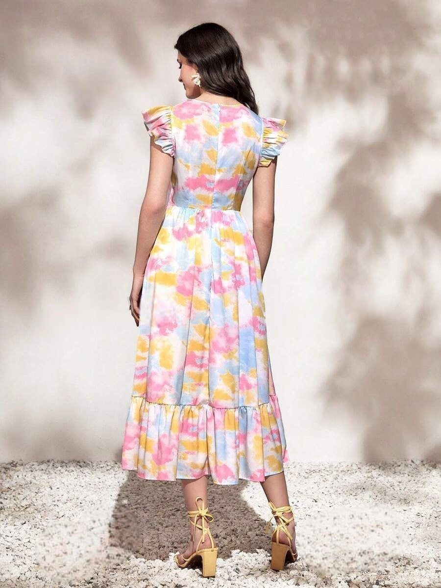 WesternStitch Round Neck Tie Ruffle Hem A Line Dress Short Sleeve Long Dress WesternStitch WesternStitch Round Neck Tie Ruffle Hem A Line Dress Short Sleeve Long Dress WesternStitch