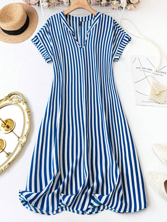 WesternStitch Summer Casual Striped Notched Neck Short Sleeve Midi Dress WesternStitch