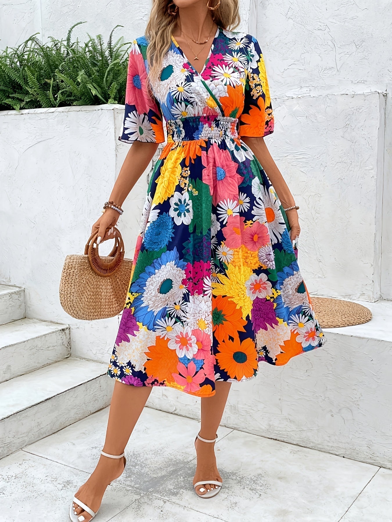 WesternStitch Vibrant Floral Flare Midi Dress WesternStitch WesternStitch Vibrant Floral Flare Midi Dress WesternStitch