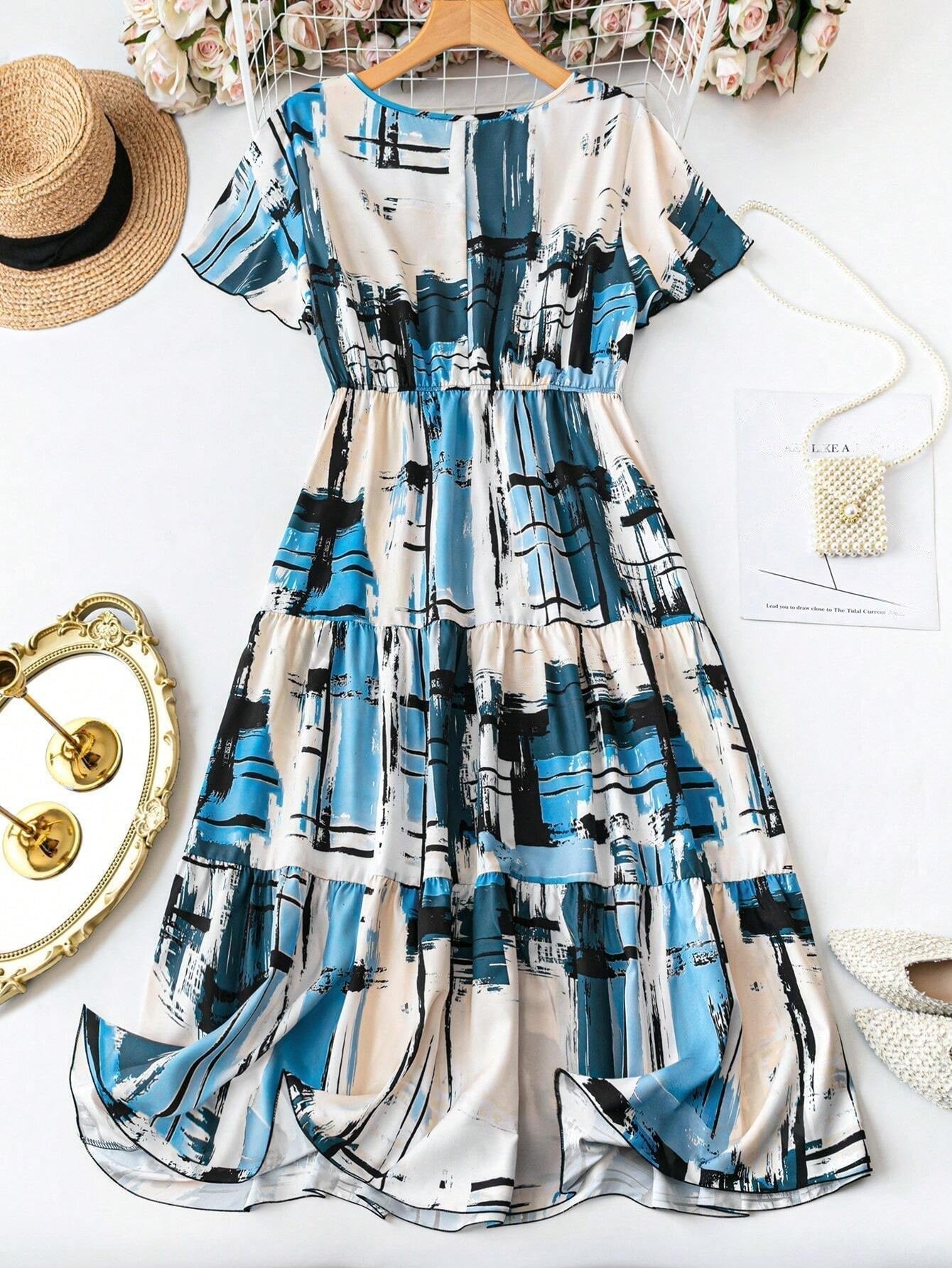 WesternStitch Women's Elegant Plaid & Print V-Neck Short Sleeve Summer Dress WesternStitch WesternStitch Women's Elegant Plaid & Print V-Neck Short Sleeve Summer Dress WesternStitch