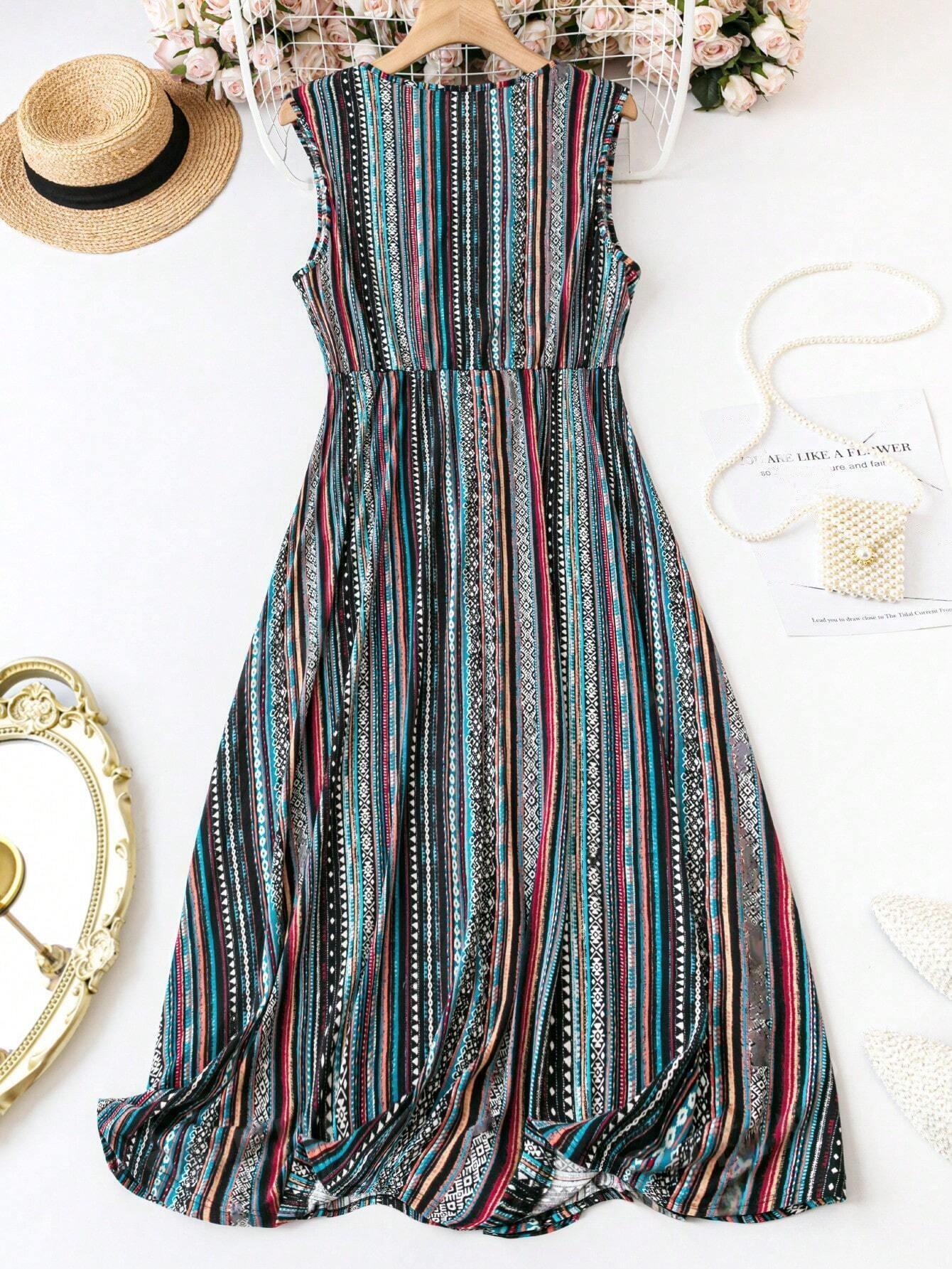 WesternStitch Striped V-Neck Sleeveless Waist-Tie Dress WesternStitch WesternStitch Striped V-Neck Sleeveless Waist-Tie Dress WesternStitch
