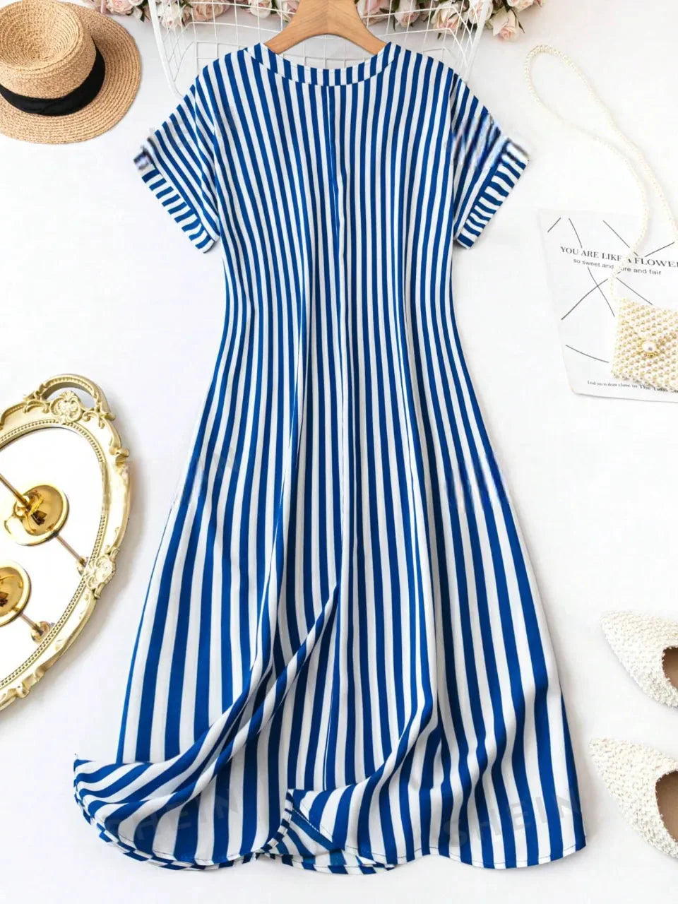 WesternStitch Summer Casual Striped Notched Neck Short Sleeve Midi Dress WesternStitch WesternStitch Summer Casual Striped Notched Neck Short Sleeve Midi Dress WesternStitch