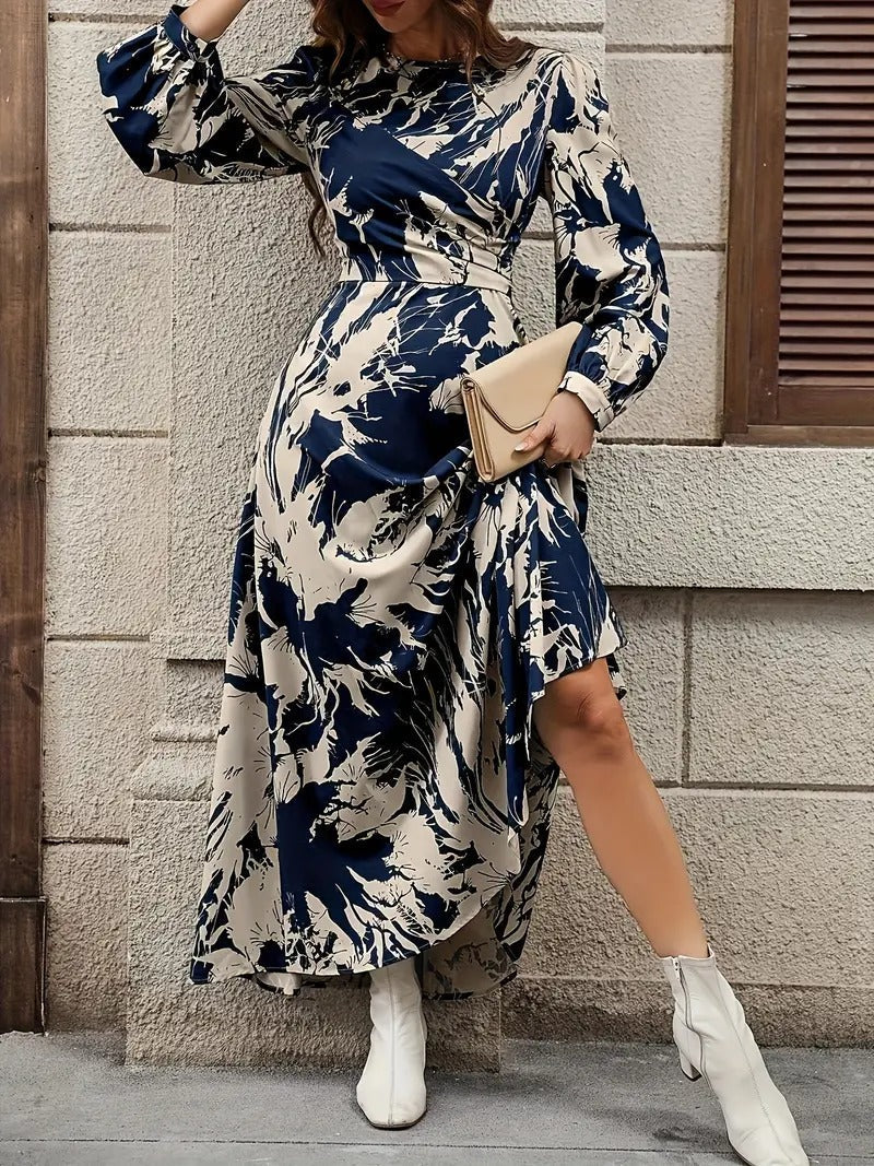 WesternStitch Allover Print Crew Neck Dress, Elegant Long Sleeve Ankle Length Dress WesternStitch WesternStitch Allover Print Crew Neck Dress, Elegant Long Sleeve Ankle Length Dress WesternStitch