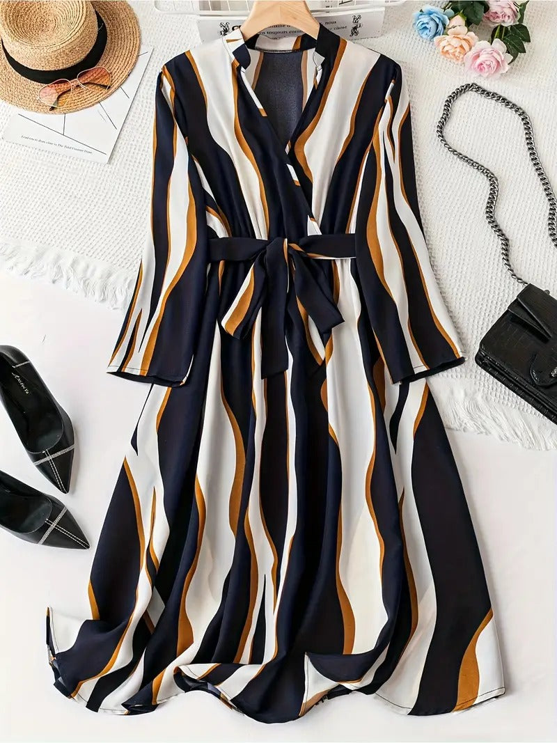 WesternStitch Abstract Print Surplice Neck Belted Dress, Casual Long Sleeve Dress WesternStitch WesternStitch Abstract Print Surplice Neck Belted Dress, Casual Long Sleeve Dress WesternStitch