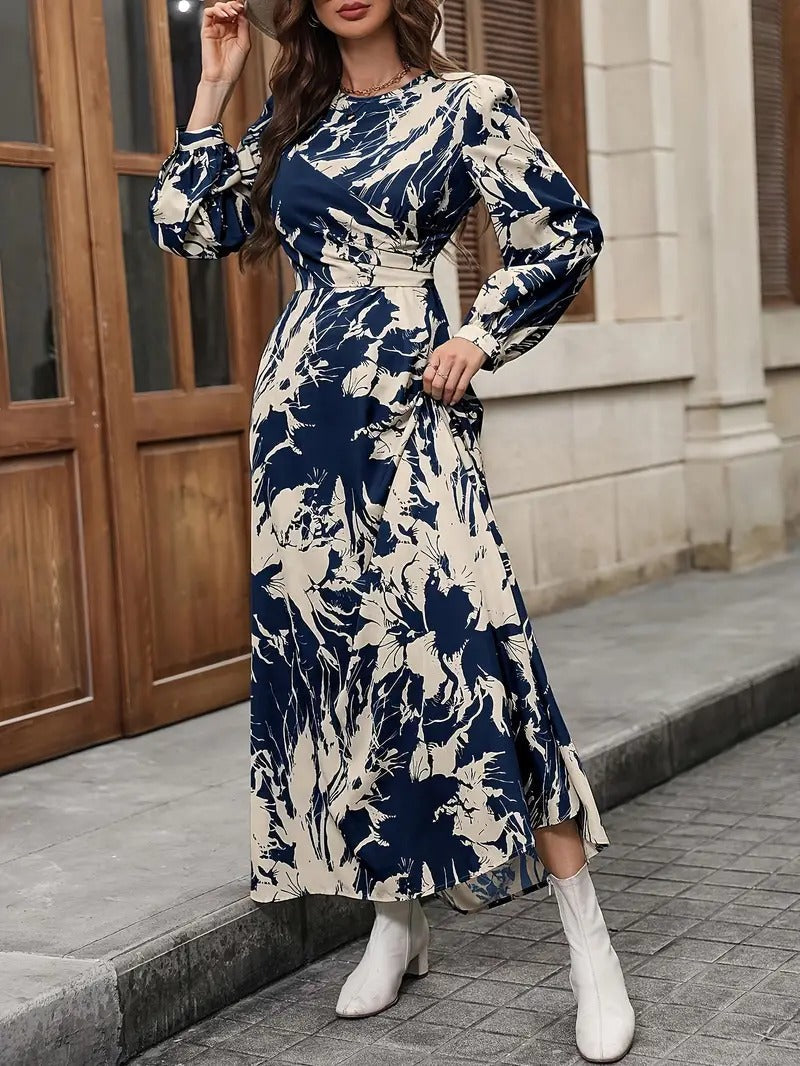 WesternStitch Allover Print Crew Neck Dress, Elegant Long Sleeve Ankle Length Dress WesternStitch WesternStitch Allover Print Crew Neck Dress, Elegant Long Sleeve Ankle Length Dress WesternStitch