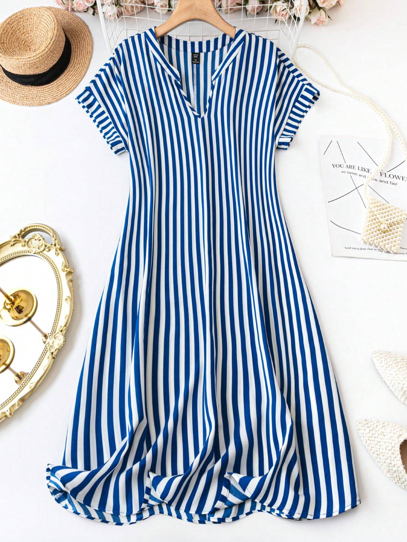WesternStitch Summer Casual Striped Notched Neck Short Sleeve Midi Dress WesternStitch