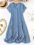 WesternStitch Summer Casual Striped Notched Neck Short Sleeve Midi Dress WesternStitch