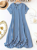 WesternStitch Summer Casual Striped Notched Neck Short Sleeve Midi Dress WesternStitch