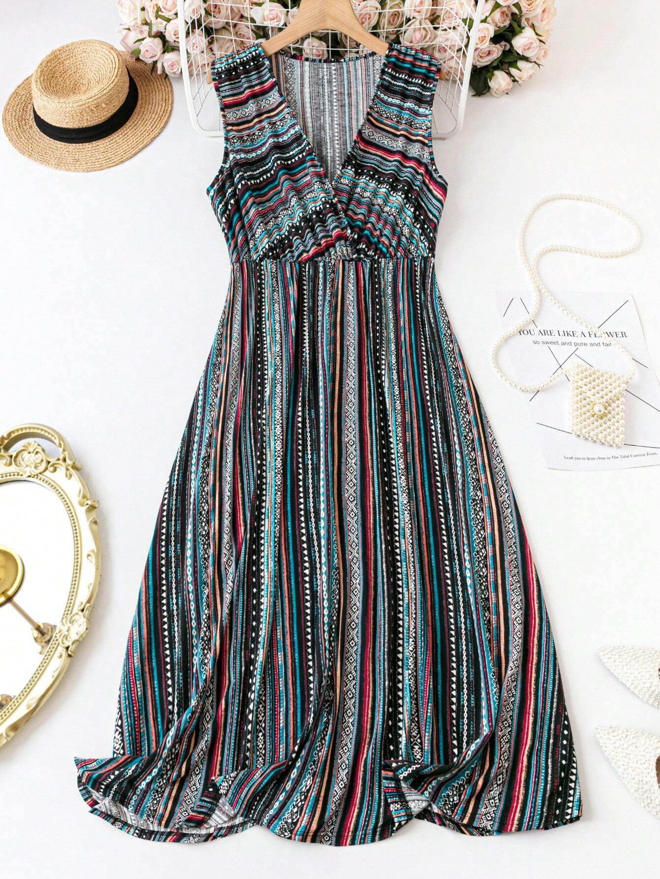 WesternStitch Striped V-Neck Sleeveless Waist-Tie Dress WesternStitch