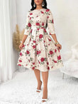 WesternStitch Women's Floral Vintage Dress Elegant Midi Evening Dress 3/4 Sleeves WesternStitch
