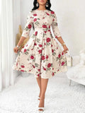 WesternStitch Women's Floral Vintage Dress Elegant Midi Evening Dress 3/4 Sleeves WesternStitch