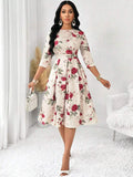 WesternStitch Women's Floral Vintage Dress Elegant Midi Evening Dress 3/4 Sleeves WesternStitch
