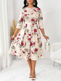 WesternStitch Women's Floral Vintage Dress Elegant Midi Evening Dress 3/4 Sleeves WesternStitch