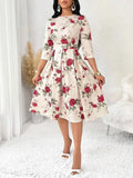 WesternStitch Women's Floral Vintage Dress Elegant Midi Evening Dress 3/4 Sleeves WesternStitch
