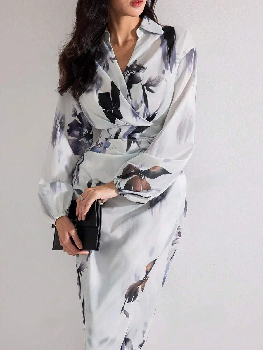 WesternStitch Women's Fall Elegant Floral Print Lantern Sleeve Long Dress WesternStitch