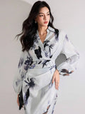 WesternStitch Women's Fall Elegant Floral Print Lantern Sleeve Long Dress WesternStitch