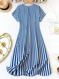 WesternStitch Summer Casual Striped Notched Neck Short Sleeve Midi Dress WesternStitch