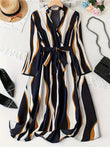 WesternStitch Abstract Print Surplice Neck Belted Dress, Casual Long Sleeve Dress WesternStitch