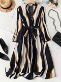 WesternStitch Abstract Print Surplice Neck Belted Dress, Casual Long Sleeve Dress WesternStitch