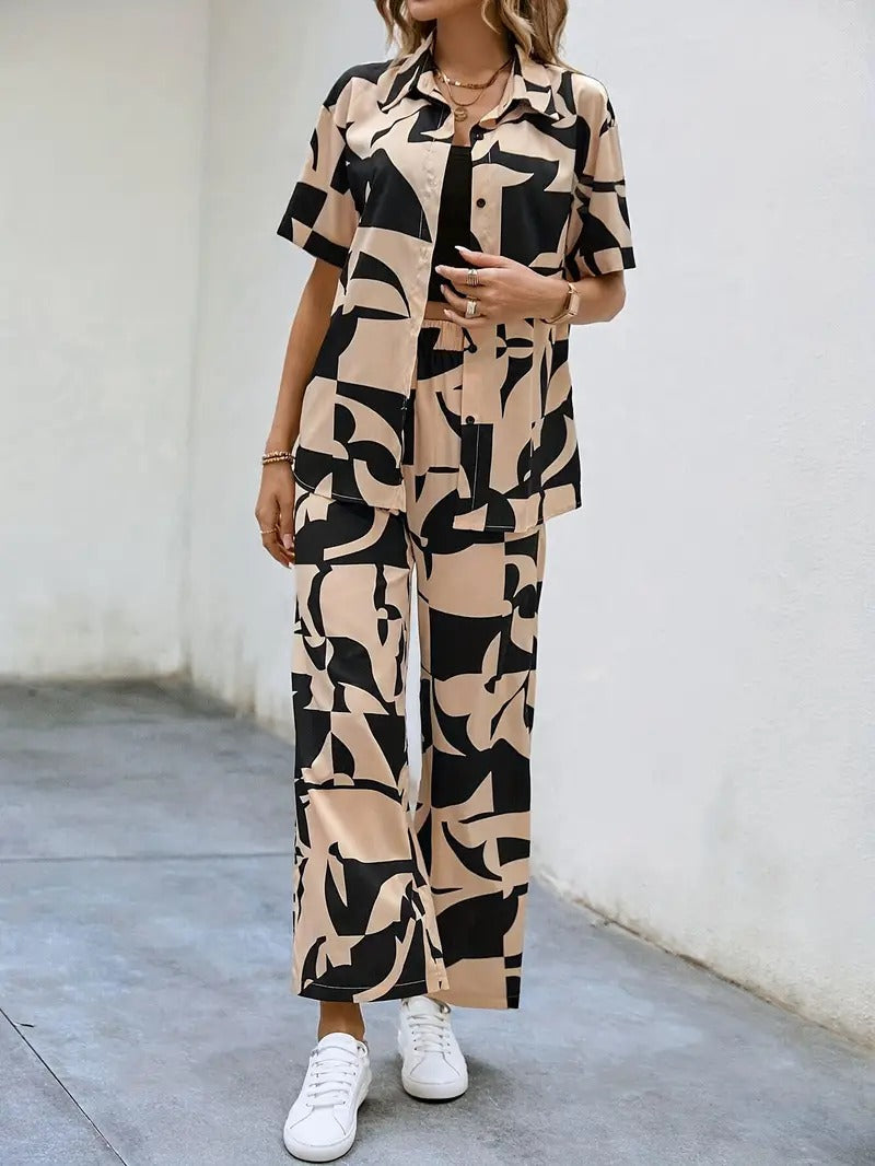 WesternStitch Rayon Button Front Short Graphic Print Elegant Two Piece Set for Women WesternStitch