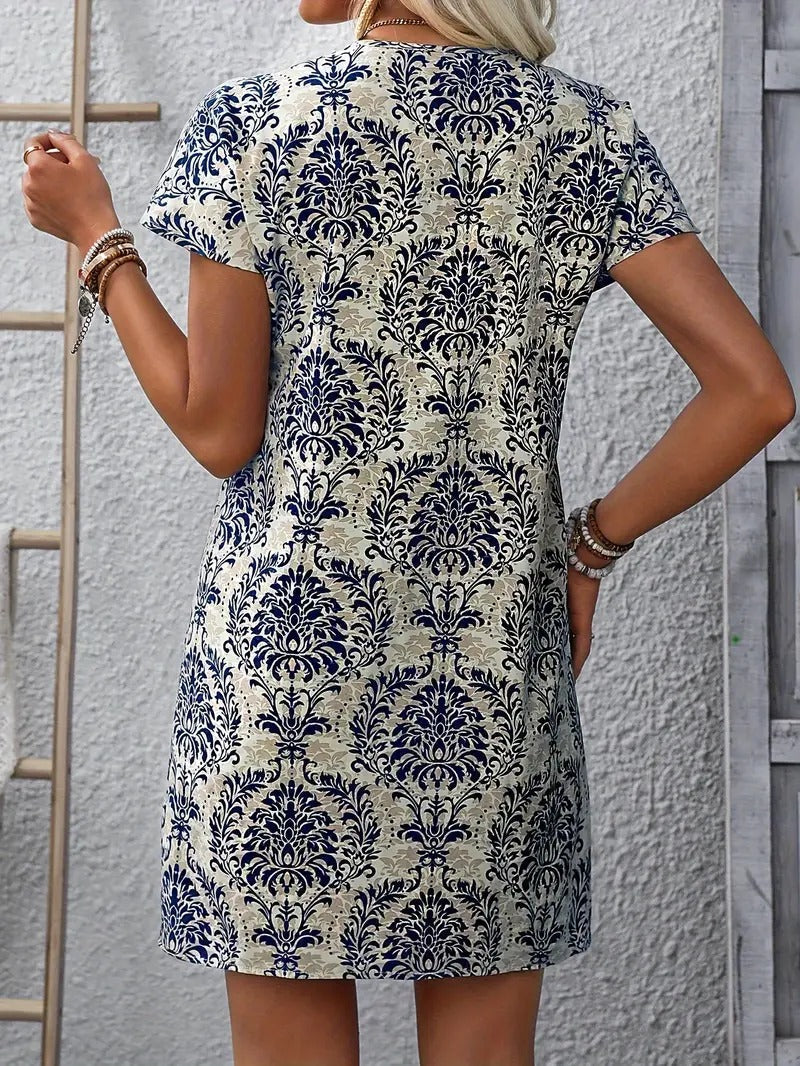 WesternStitch Ethnic Floral Print Dress, Vintage Notched Neck Short Sleeve Dress WesternStitch