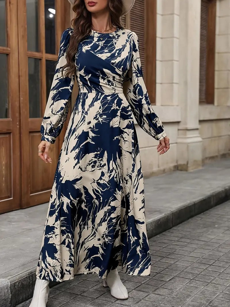 WesternStitch Allover Print Crew Neck Dress, Elegant Long Sleeve Ankle Length Dress WesternStitch