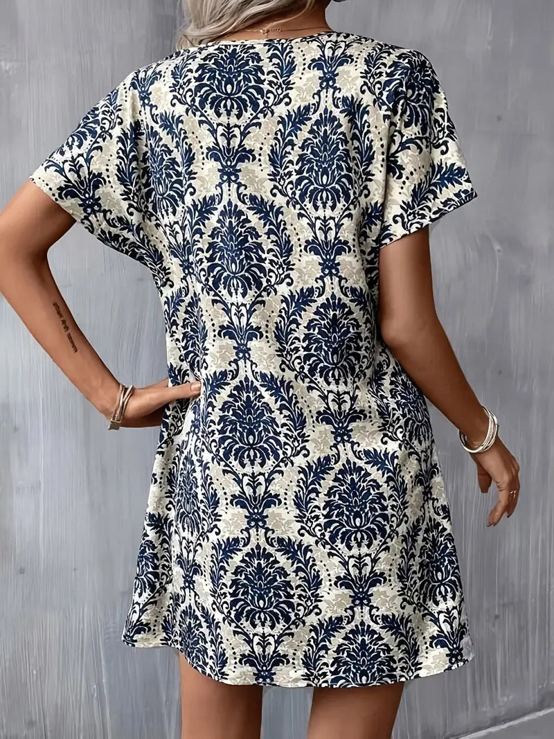 WesternStitch Ethnic Floral Print Dress, Vintage Notched Neck Short Sleeve Dress WesternStitch